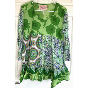 Ruby Yaya Women's Ruffle Tunic size L Cotton Crinkle Floral Colorful Artisanal